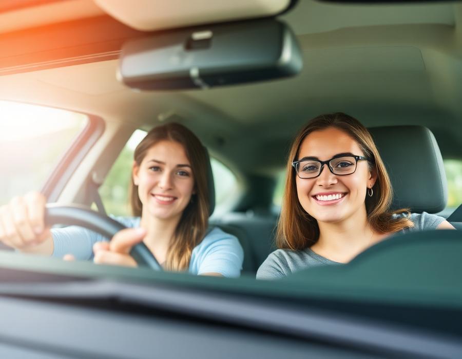 Instructor auto și cursantă zâmbind în mașina de școală din Cluj